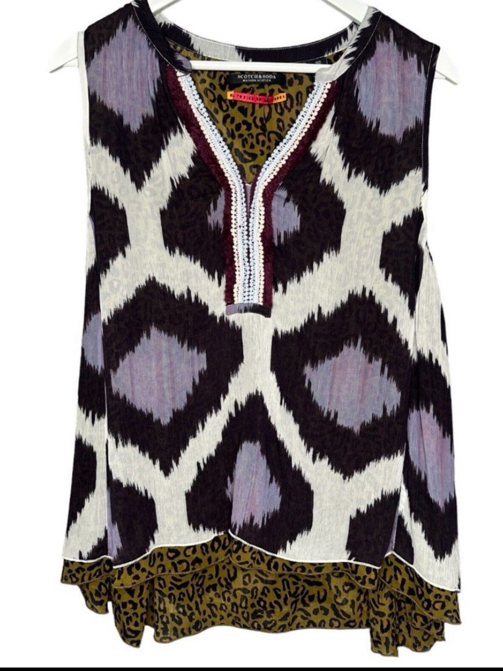 Scotch & Soda Black, White & Lilac Geometric Sleeveless Tank with Leopard Hem